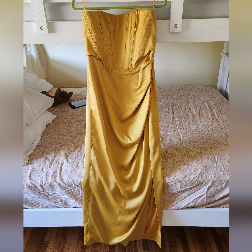 Bardot strapless everlasting satin midi corset Slit marigold dress ladies US 8
